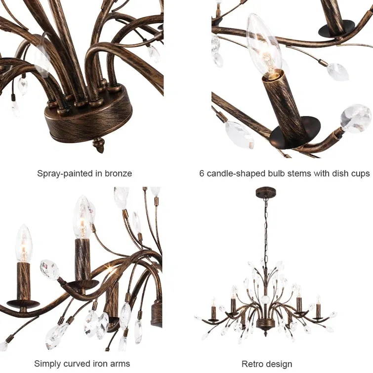 Glowlings 6/9-Light French Vintage Bronze Branch Candle Style Chandelier with Crystal Accents