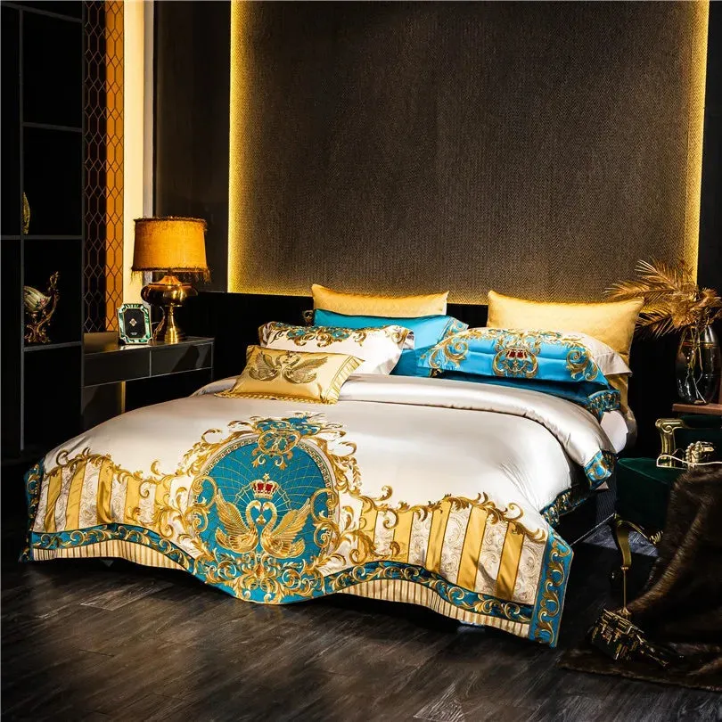 Gold and Blue Embroidery Satin Comforter Cover 4/6/10Pcs Bedding set Quilted Cotton Bedspread Flat/Fittedsheet Square pillowcases