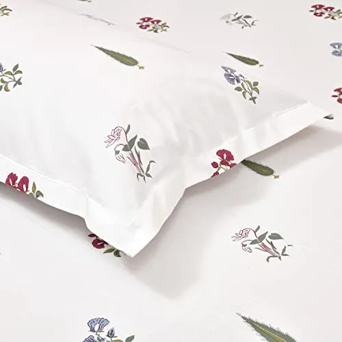 haus & kinder Cotton Bed Sheet For King Size Bed|1 Flat King Size Floral Bedsheet Cotton With 2 Pillow Covers|108 Inches X 180 Inches|186 Tc Bedsheet For Double Bed King Size|Garden Of Joy,Off White