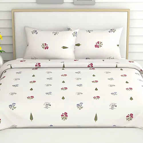 haus & kinder Cotton Bed Sheet For King Size Bed|1 Flat King Size Floral Bedsheet Cotton With 2 Pillow Covers|108 Inches X 180 Inches|186 Tc Bedsheet For Double Bed King Size|Garden Of Joy,Off White