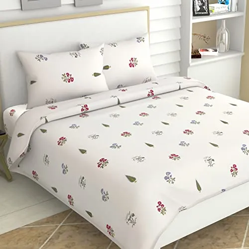 haus & kinder Cotton Bed Sheet For King Size Bed|1 Flat King Size Floral Bedsheet Cotton With 2 Pillow Covers|108 Inches X 180 Inches|186 Tc Bedsheet For Double Bed King Size|Garden Of Joy,Off White