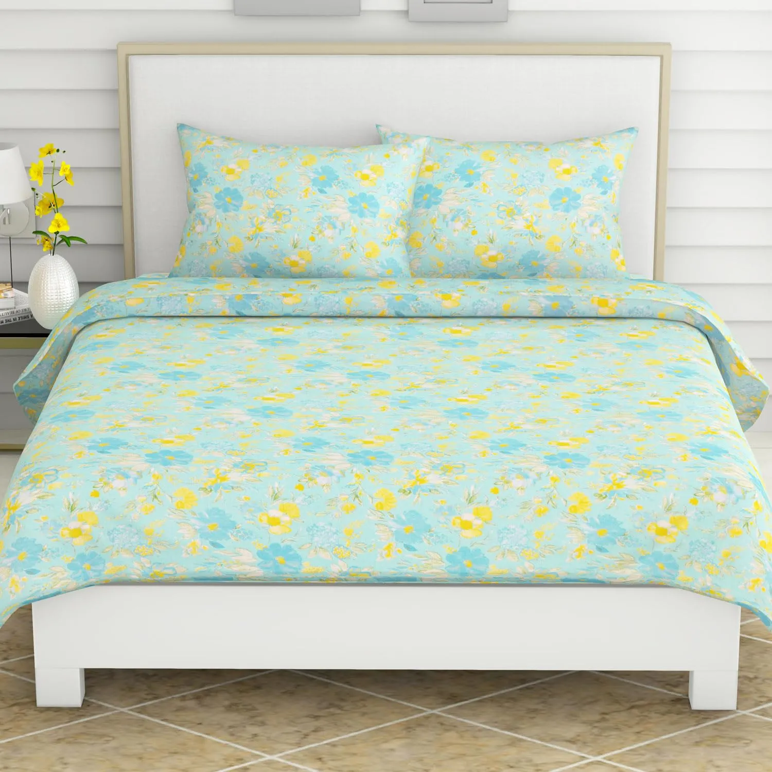 Haus and Kinder 100% Cotton King Size Bedsheet for Double Bed |120 TC Bedsheet for Double Bed King Size |Size 108 x 108 inches | 1 Bedsheet and 2 Pillow Covers | Blue Bell Blooms