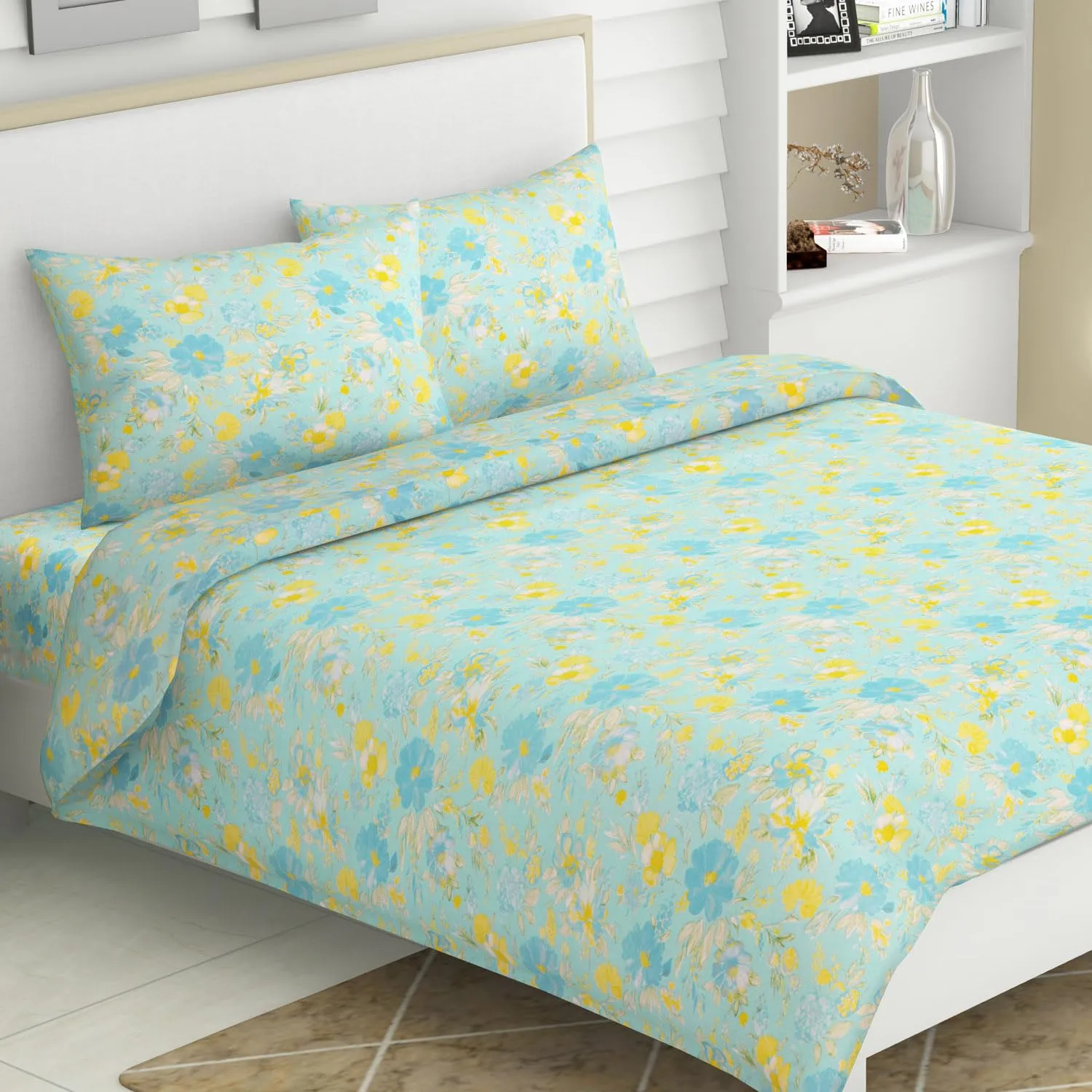 Haus and Kinder 100% Cotton King Size Bedsheet for Double Bed |120 TC Bedsheet for Double Bed King Size |Size 108 x 108 inches | 1 Bedsheet and 2 Pillow Covers | Blue Bell Blooms