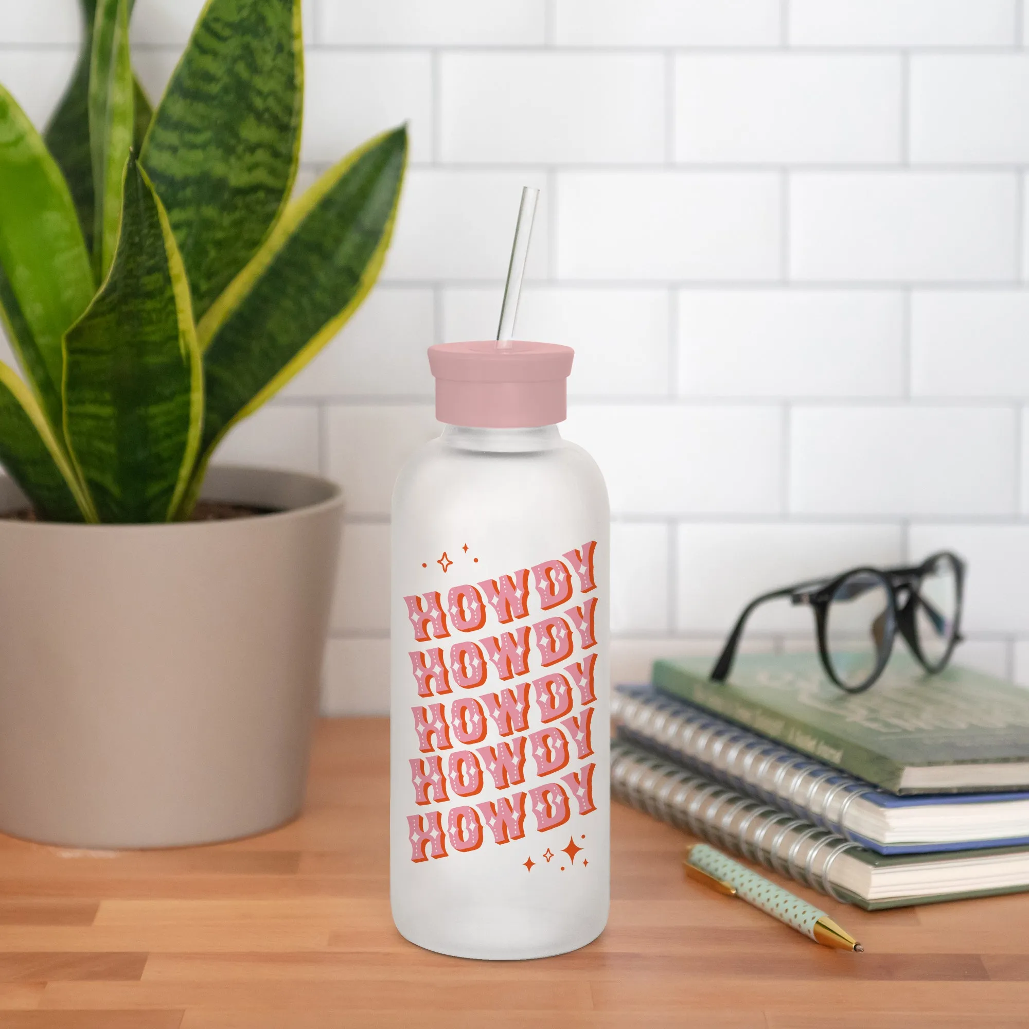 Howdy Partner Glass Water Bottle with Straw