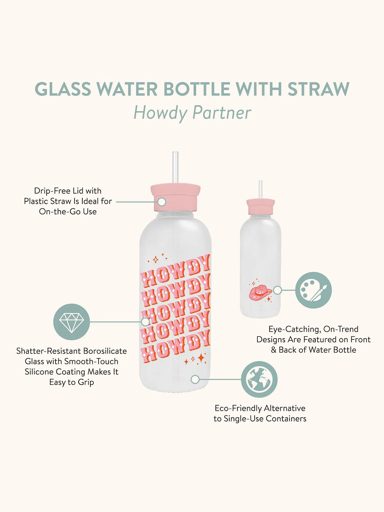 Howdy Partner Glass Water Bottle with Straw