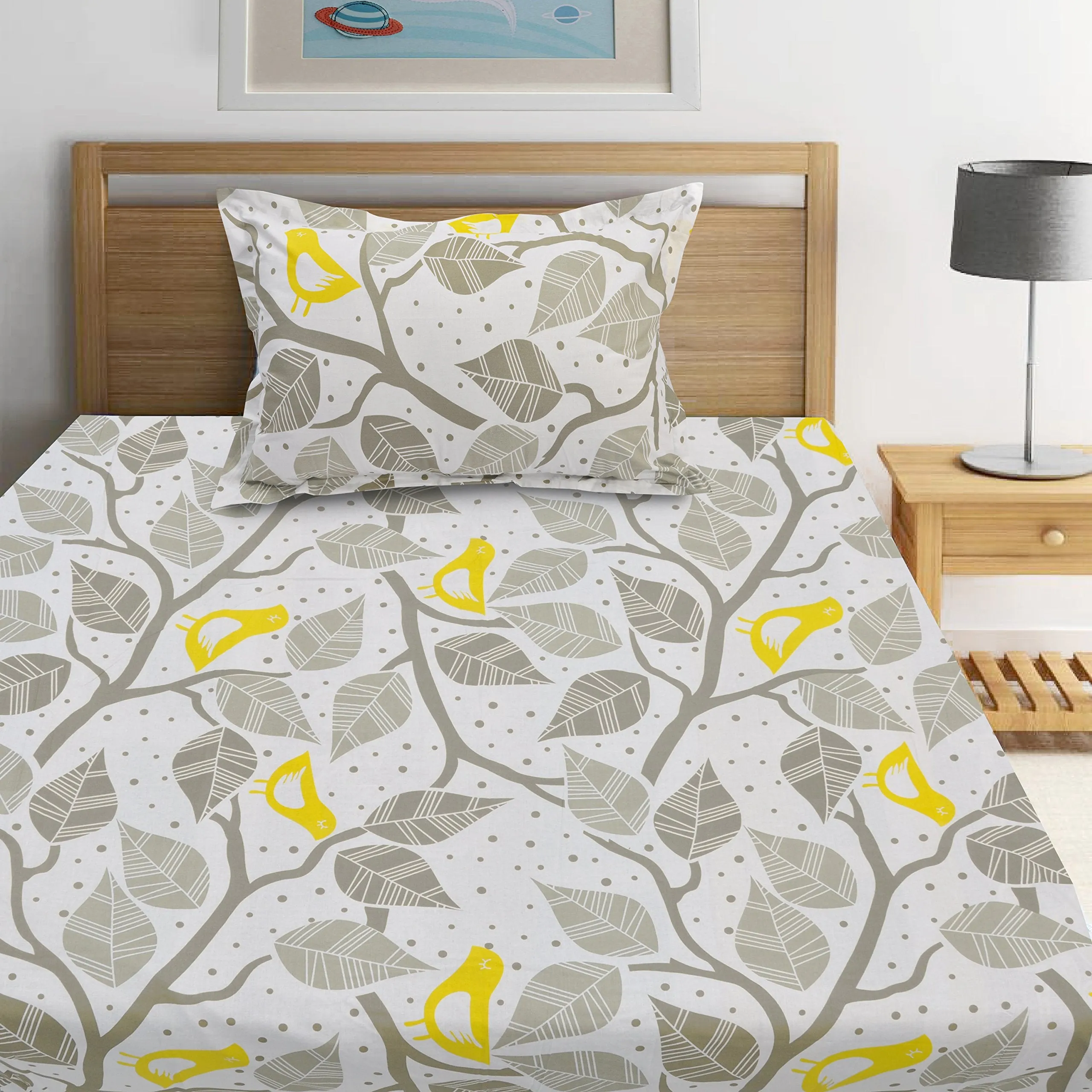 Huesland by Ahmedabad Cotton 144 TC Cotton Single Bedsheet with 1 Pillow Cover - Yellow, Grey