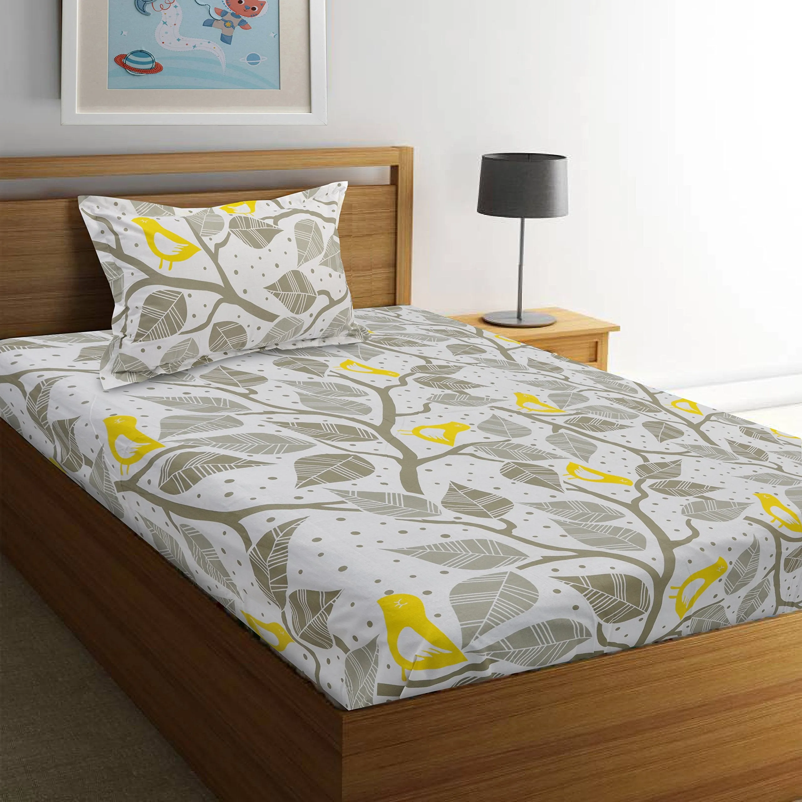 Huesland by Ahmedabad Cotton 144 TC Cotton Single Bedsheet with 1 Pillow Cover - Yellow, Grey