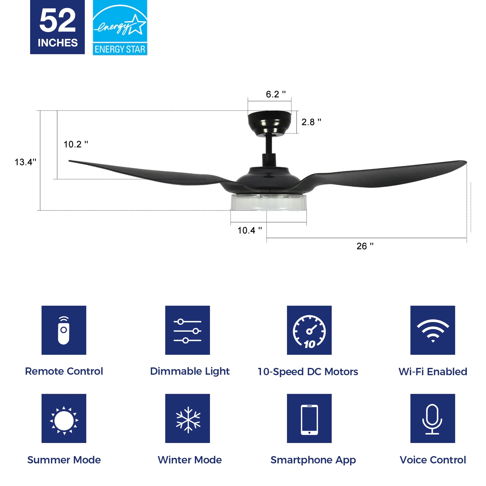 Icebreaker 52 inch Smart Ceiling Fan with LED Light and Remote