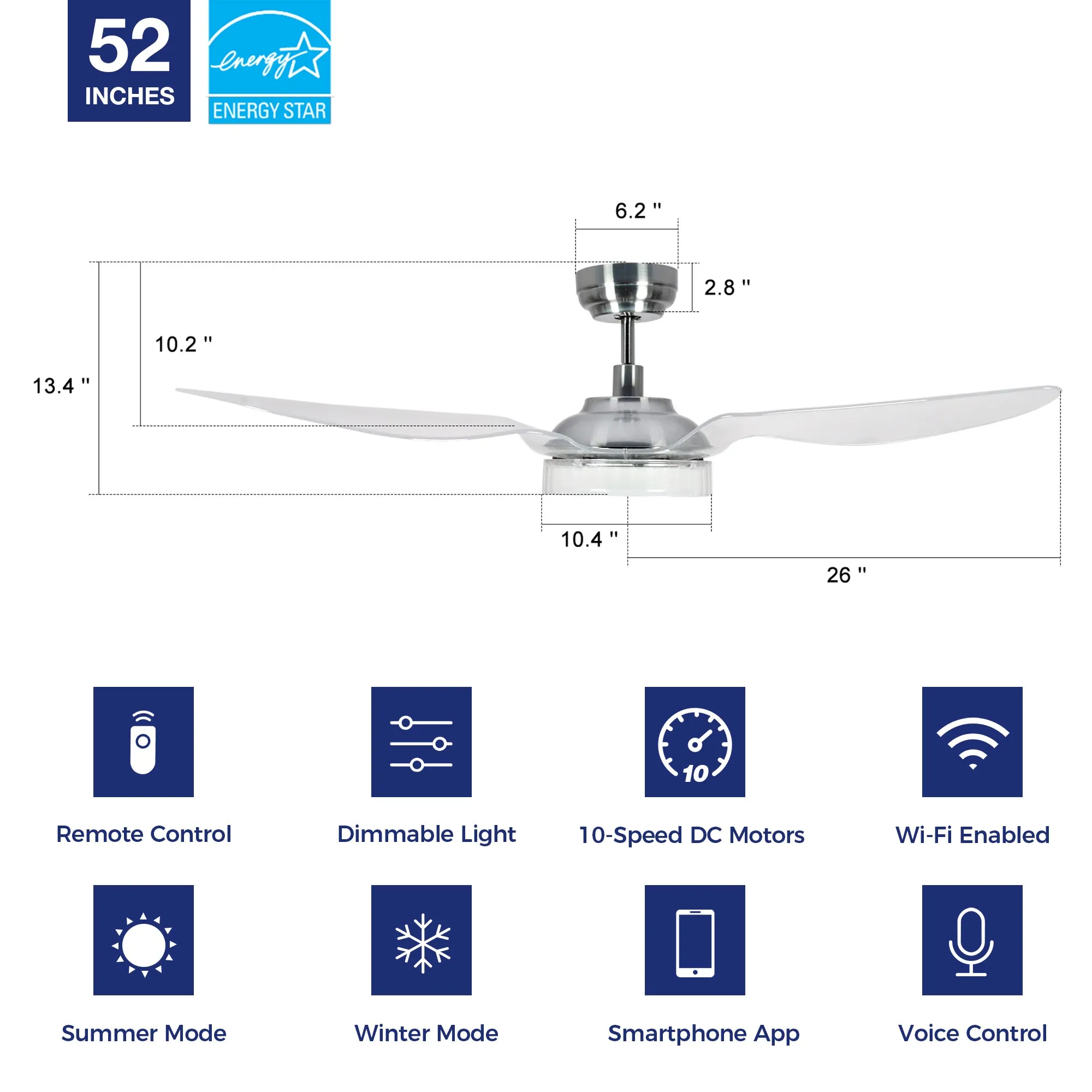 Icebreaker 52 inch Smart Ceiling Fan with LED Light and Remote