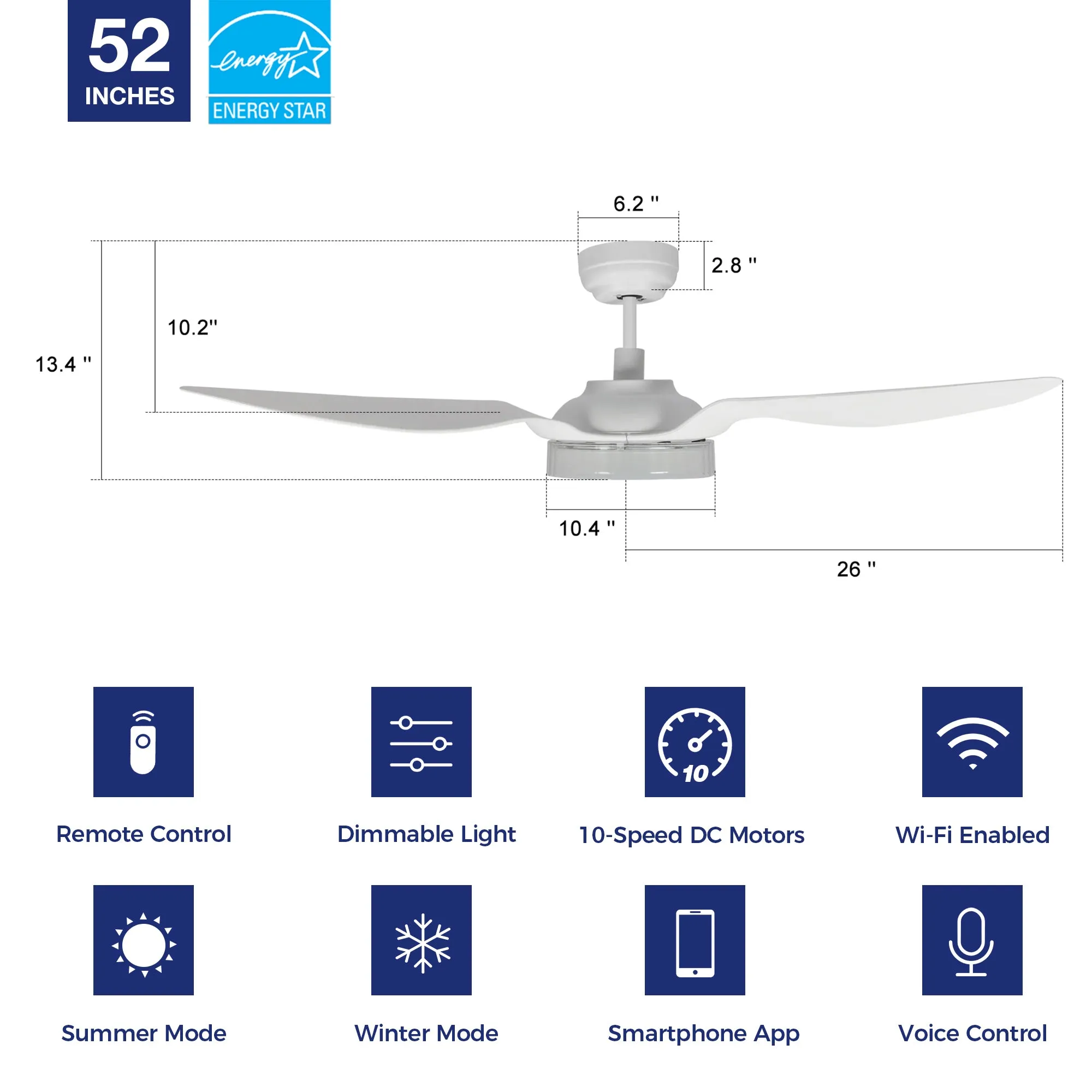 Icebreaker 52 inch Smart Ceiling Fan with LED Light and Remote