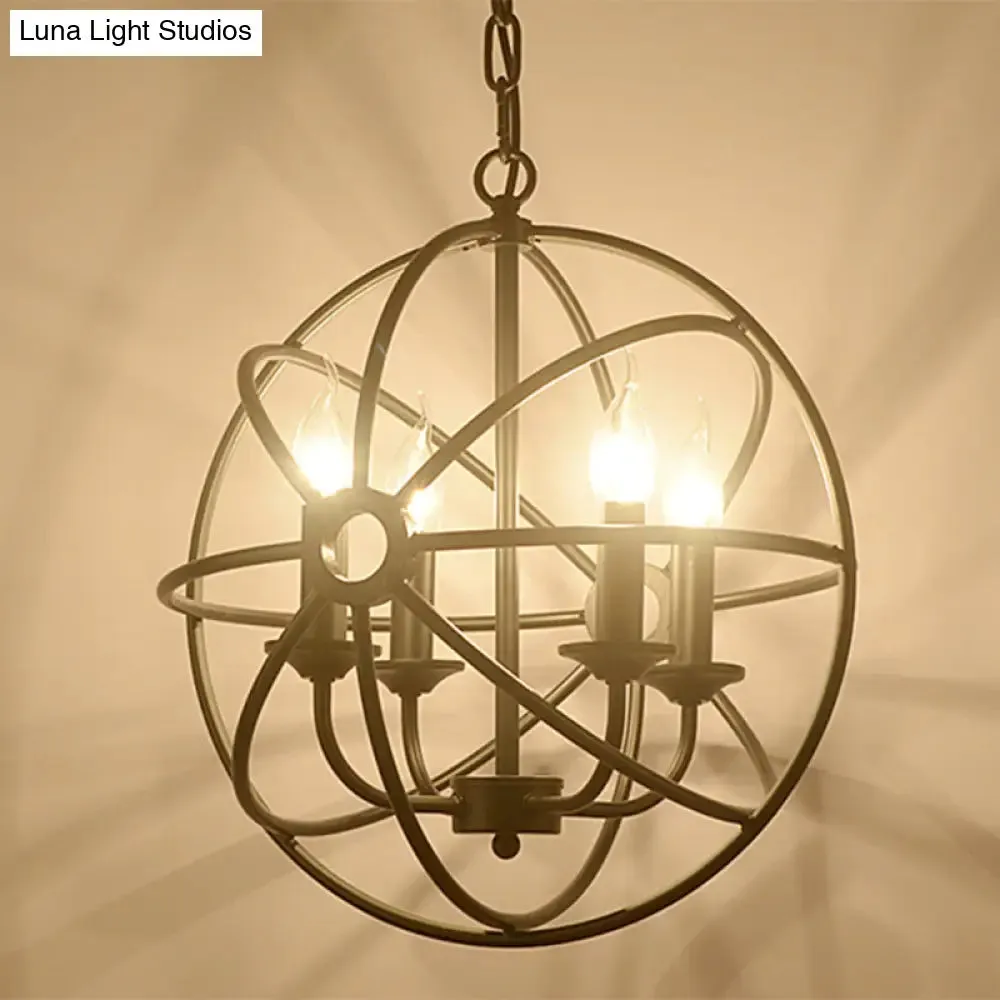 Industrial Metal Caged Pendant Chandelier with Interlinked Rings - 4 Lights for Living Room