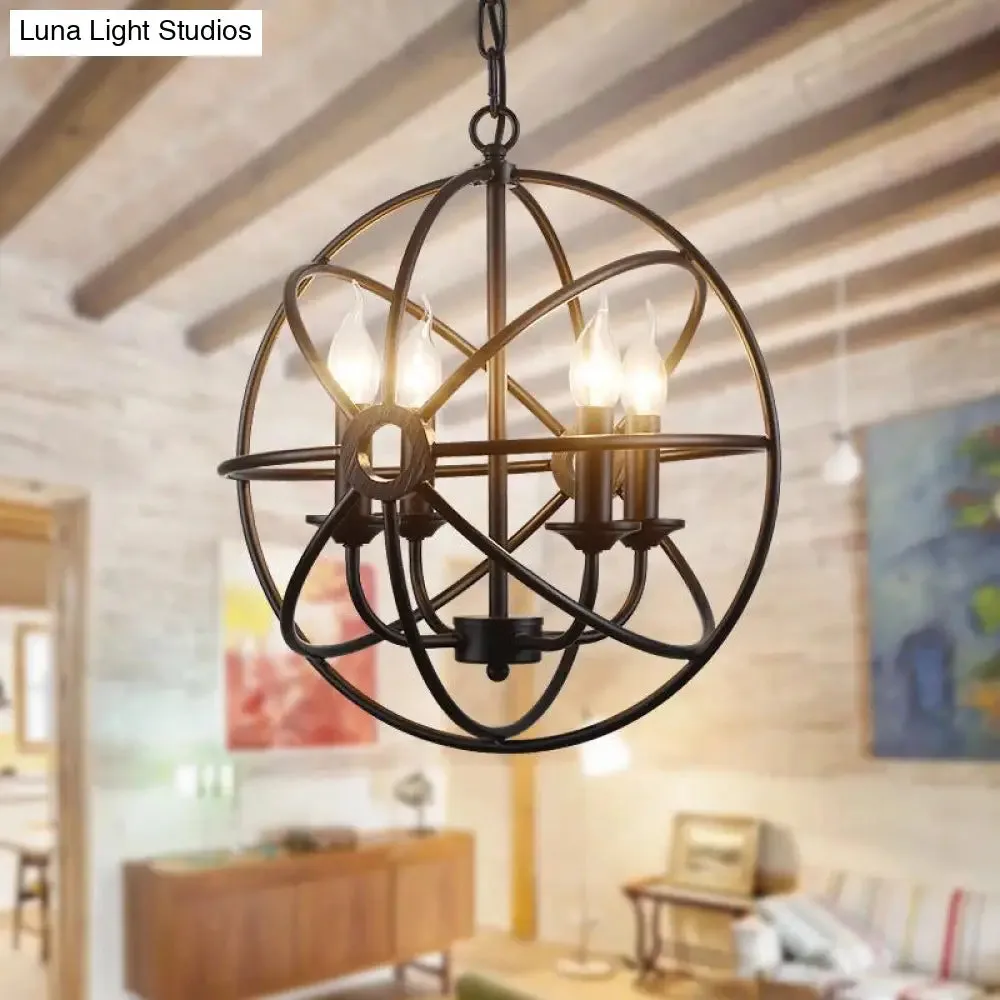 Industrial Metal Caged Pendant Chandelier with Interlinked Rings - 4 Lights for Living Room