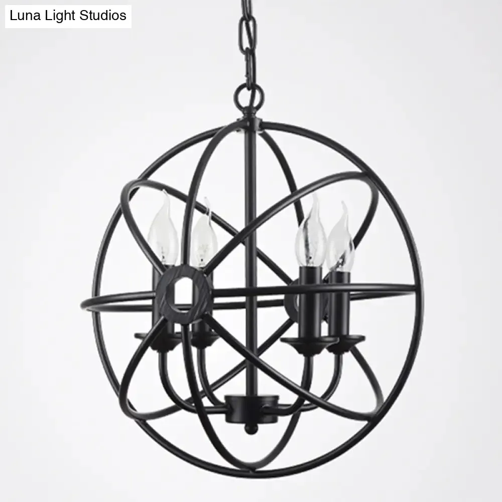 Industrial Metal Caged Pendant Chandelier with Interlinked Rings - 4 Lights for Living Room