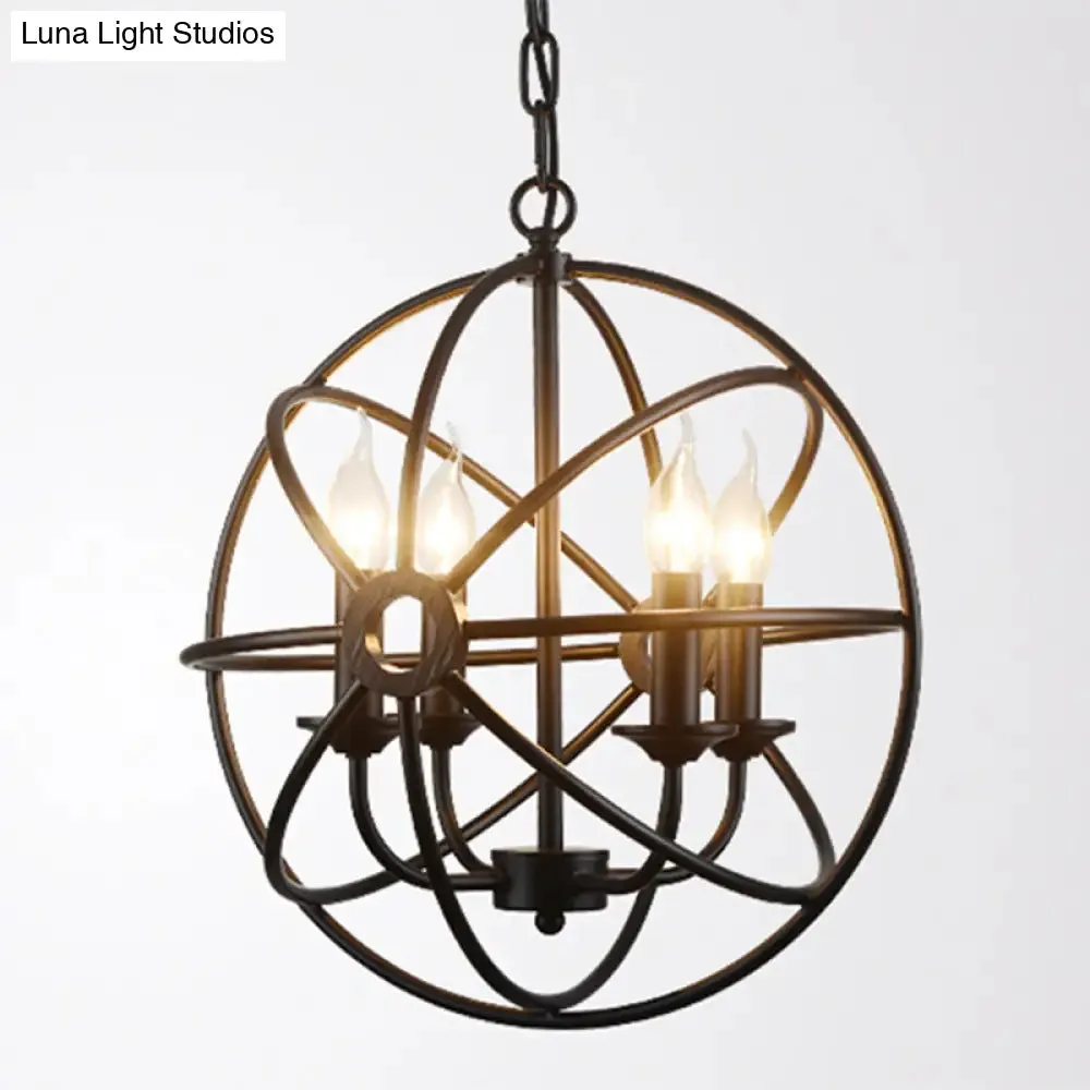 Industrial Metal Caged Pendant Chandelier with Interlinked Rings - 4 Lights for Living Room