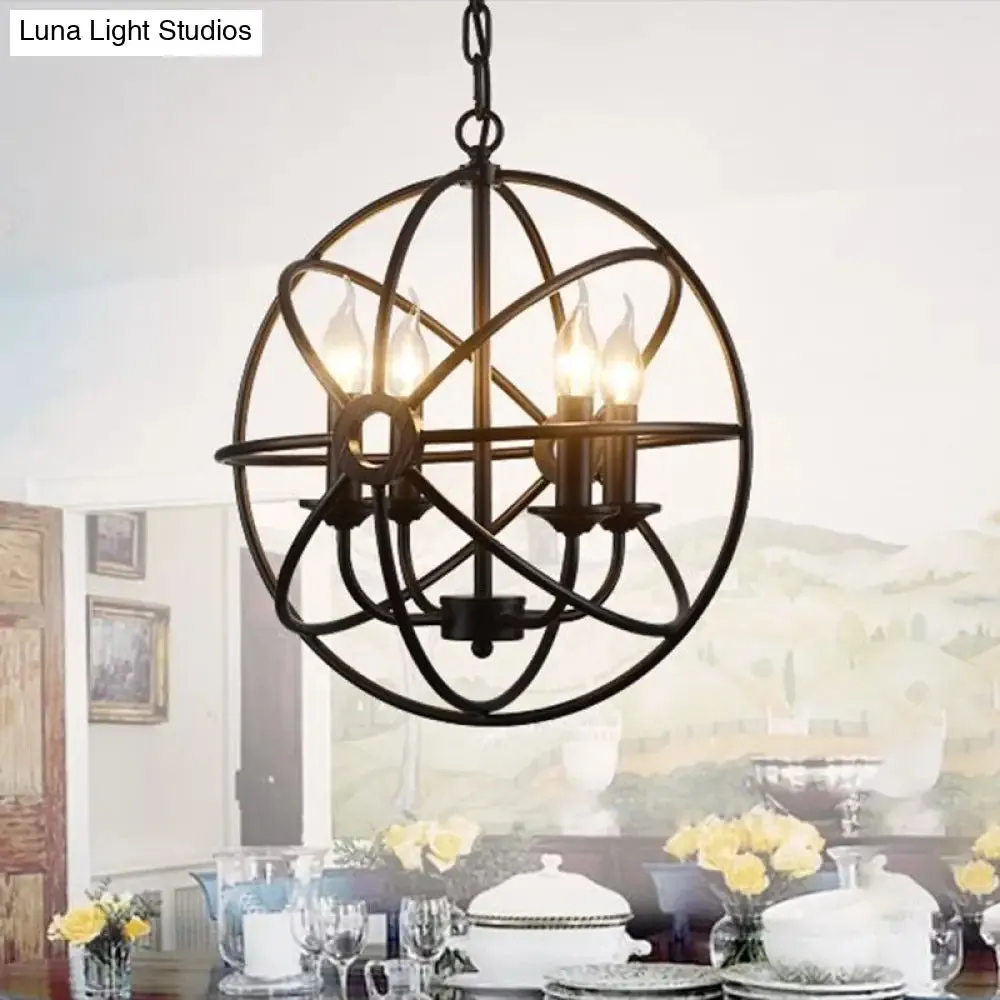 Industrial Metal Caged Pendant Chandelier with Interlinked Rings - 4 Lights for Living Room