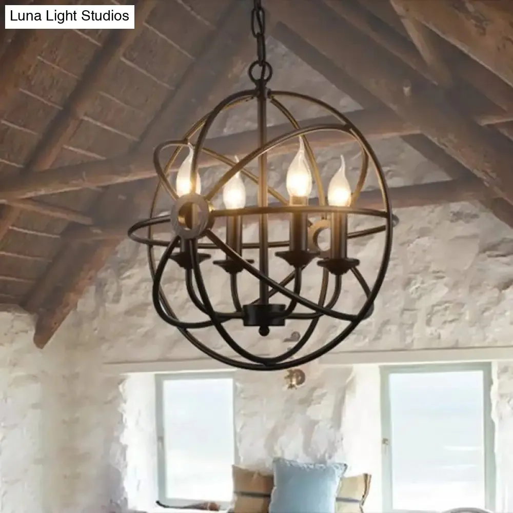 Industrial Metal Caged Pendant Chandelier with Interlinked Rings - 4 Lights for Living Room