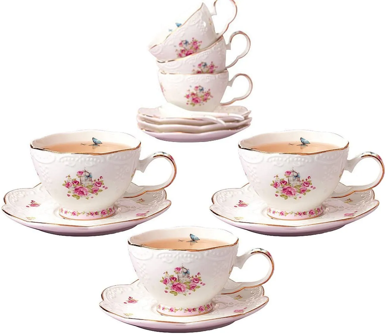 Jusalpha Porcelain Tea Sets Flower Series Tea Cup and Saucer Set-Coffee Cup Set with Saucer and Spoon FD-TCS11 (Set of 6)