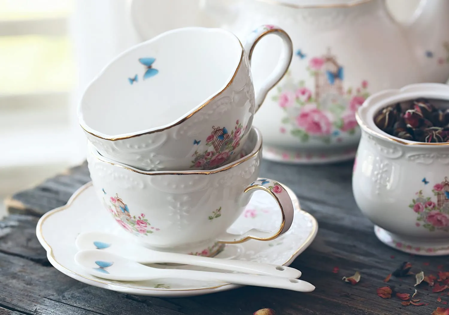 Jusalpha Porcelain Tea Sets Flower Series Tea Cup and Saucer Set-Coffee Cup Set with Saucer and Spoon FD-TCS11 (Set of 6)