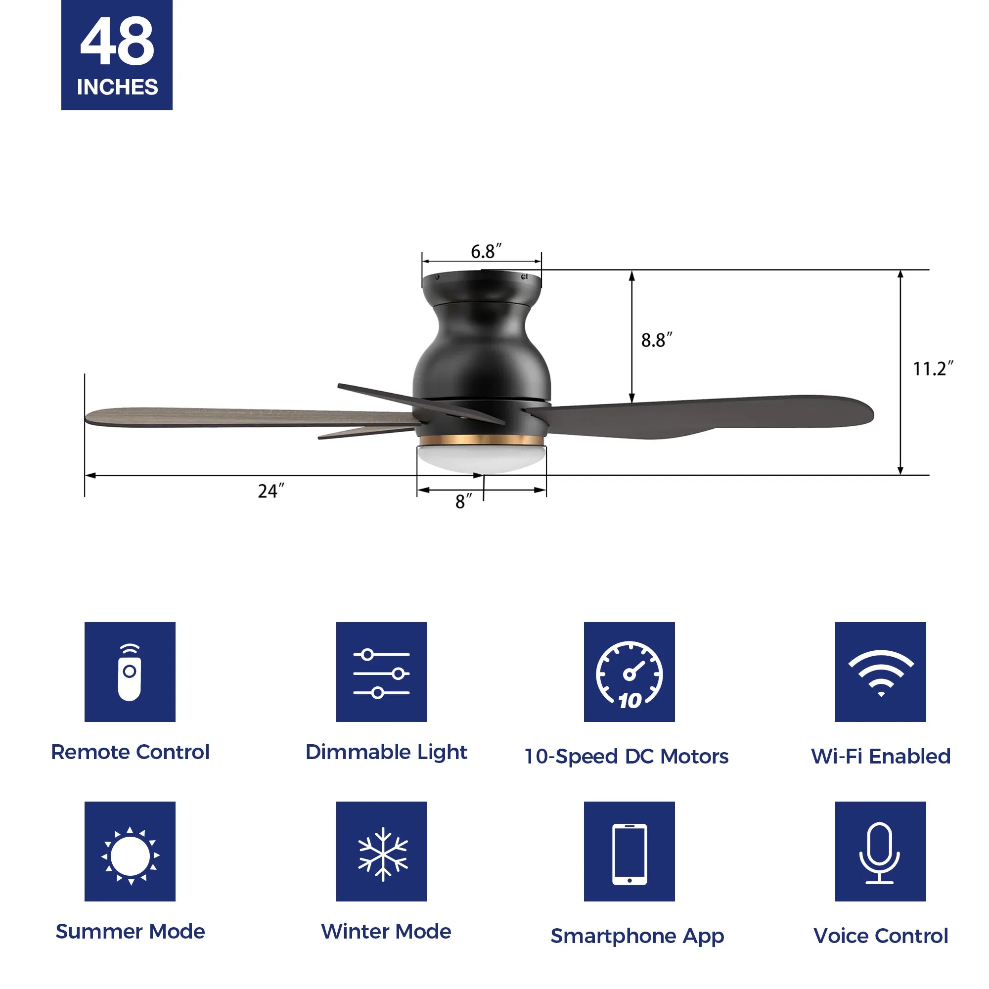 Kaze Low Profile Outdoor Smart Ceiling Fan with LED Light Remote 48"