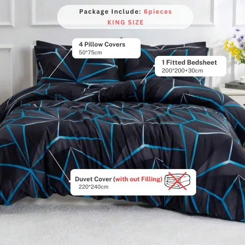 King Size 6 pieces, Black with Blue Geometric Design Duvet cover set.