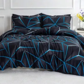 King Size 6 pieces, Black with Blue Geometric Design Duvet cover set.