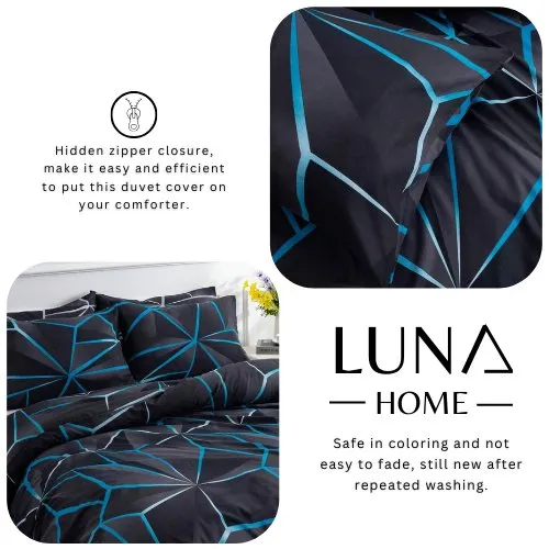 King Size 6 pieces, Black with Blue Geometric Design Duvet cover set.