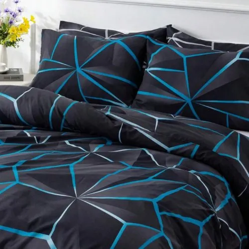 King Size 6 pieces, Black with Blue Geometric Design Duvet cover set.