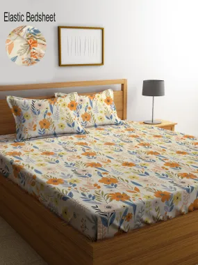 King Size White Floral Double Bed Elastic Fitted Premium Bedsheet