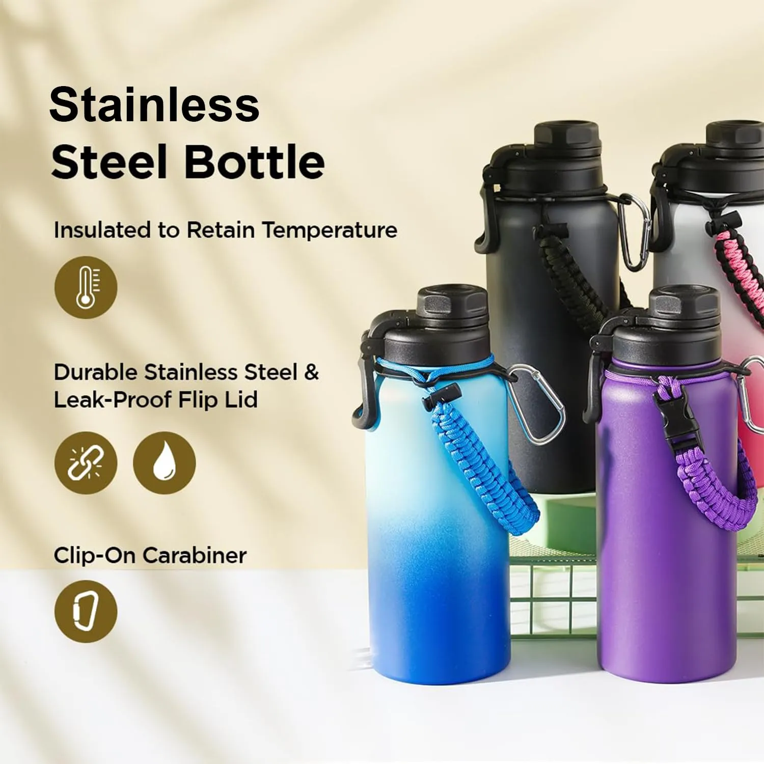 Kuber Industries Water Bottle | Steel Water Bottle for Daily Use | Vacuum Insulated Flask Water Bottle with Rope | Hot & Cold Water Bottle | 960 ML | LX-230606 | Pack of 3 | Black