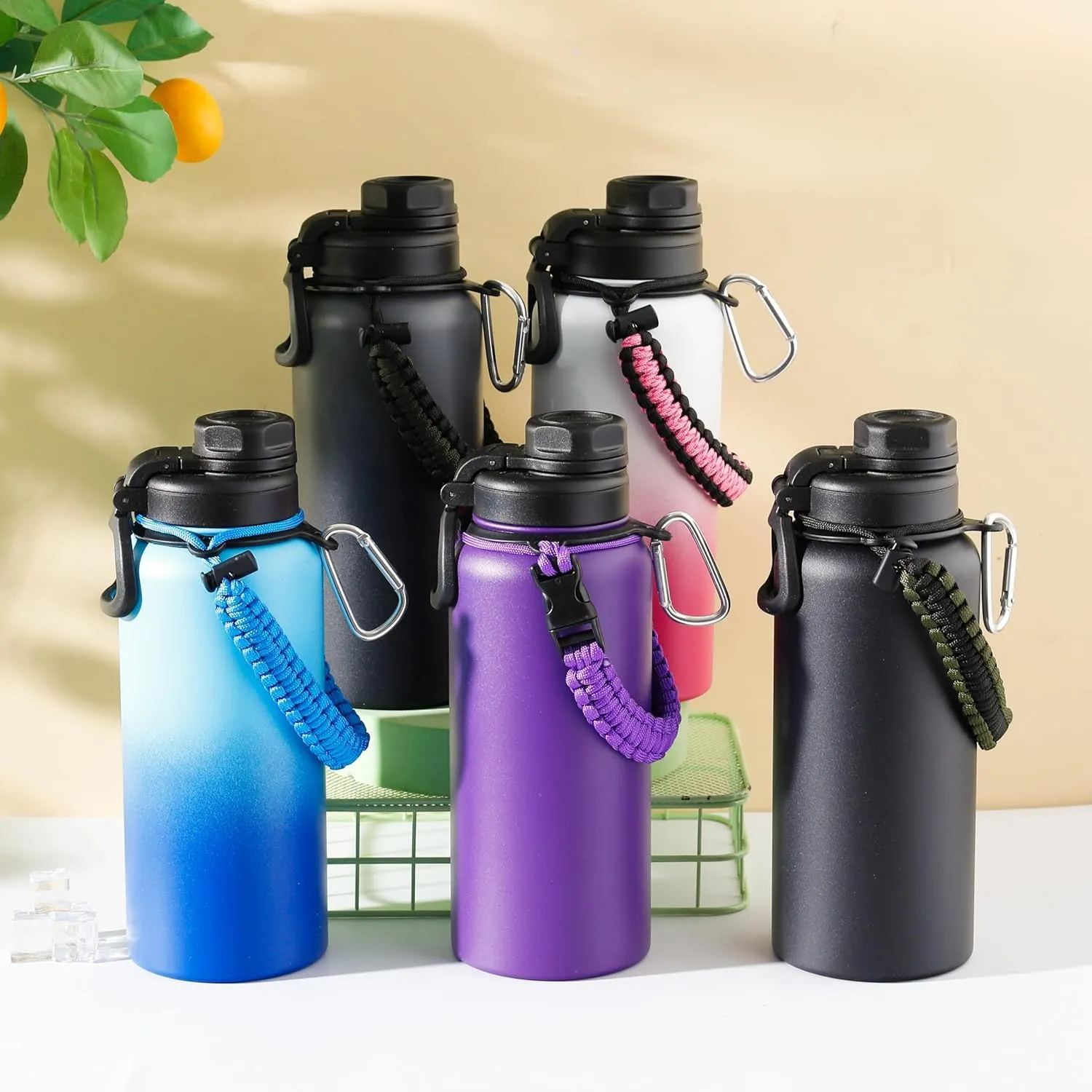 Kuber Industries Water Bottle | Steel Water Bottle for Daily Use | Vacuum Insulated Flask Water Bottle with Rope | Hot & Cold Water Bottle | 960 ML | LX-230606 | Pack of 3 | Black