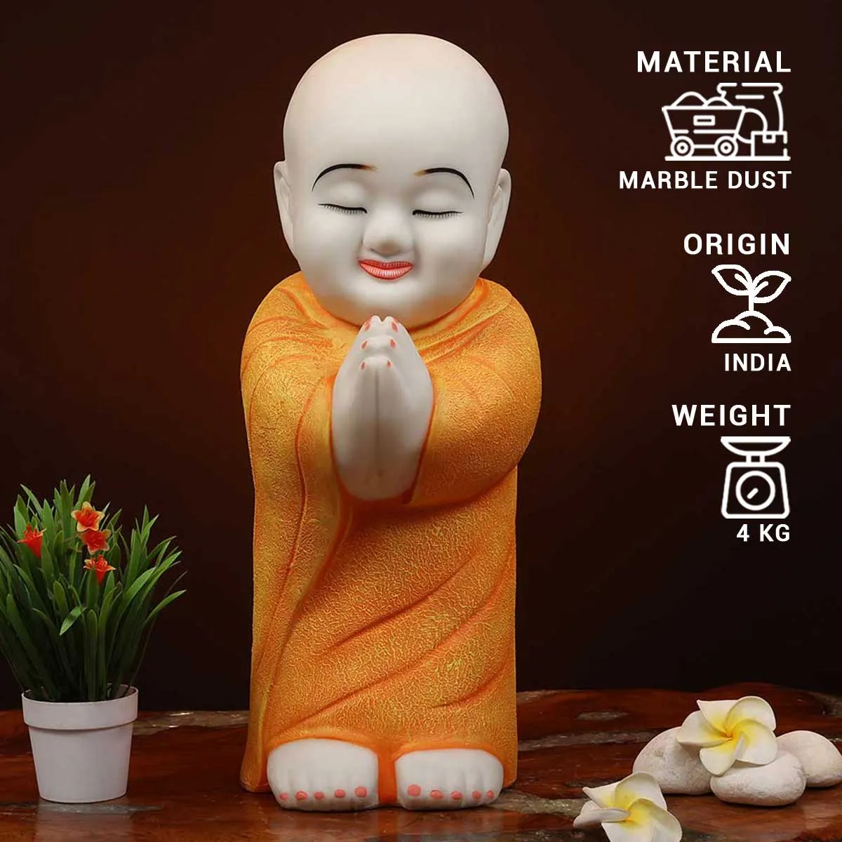 Lord Namaste Monk Made of Marble Dust - 7.5 x 9.5 x 22 Inch, 4 Kg