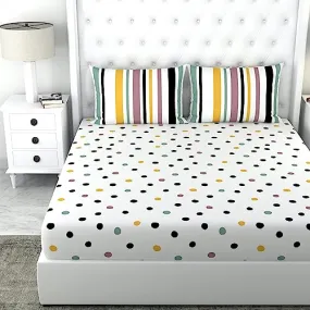 Loreto 100% Cotton Bedsheet for Double Bed with Two Pillow Covers, Lemon Drops with Black Polka Dots, Soft & Breathable 144 TC Fabric