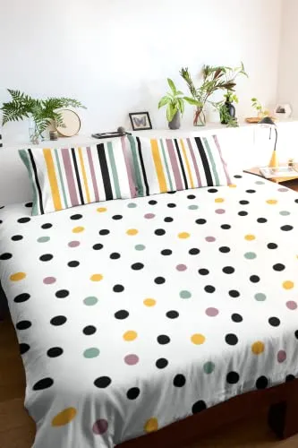 Loreto 100% Cotton Bedsheet for Double Bed with Two Pillow Covers, Lemon Drops with Black Polka Dots, Soft & Breathable 144 TC Fabric