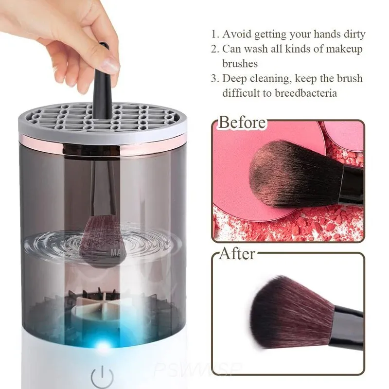 Makeup Brush Cleaner - 3 In 1 Automatic Cosmetic Brush Cleaning Machine with Spinning Brush Clean Mat - USB Charging, Fits All Sizes