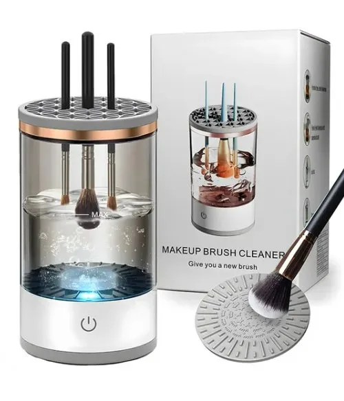 Makeup Brush Cleaner - 3 In 1 Automatic Cosmetic Brush Cleaning Machine with Spinning Brush Clean Mat - USB Charging, Fits All Sizes