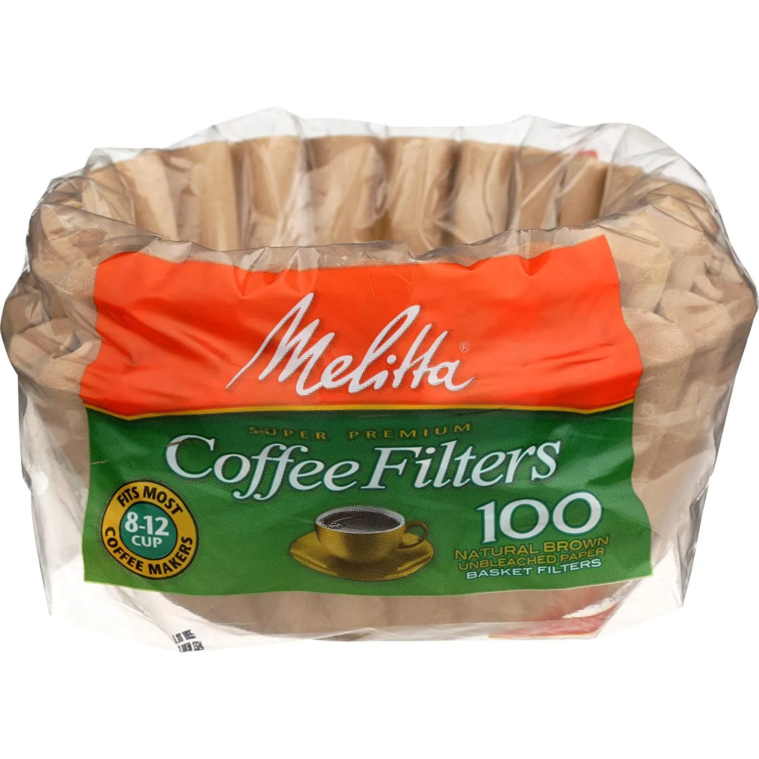 Melitta Unbleached Coffee Filter Basket 8 to 12 Cup, Natural Brown, 100 Count