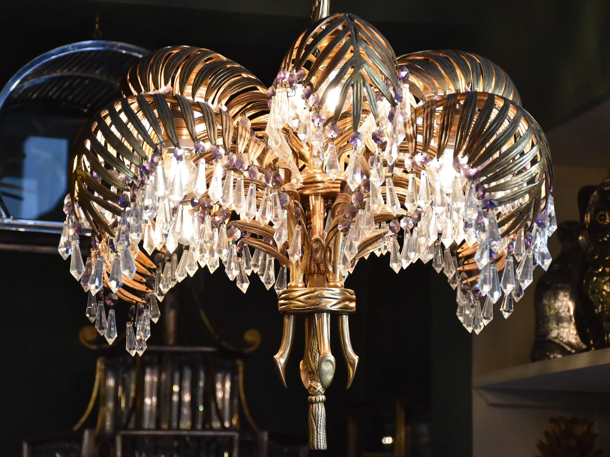 Mid-century gilded bronze palm frond chandelier