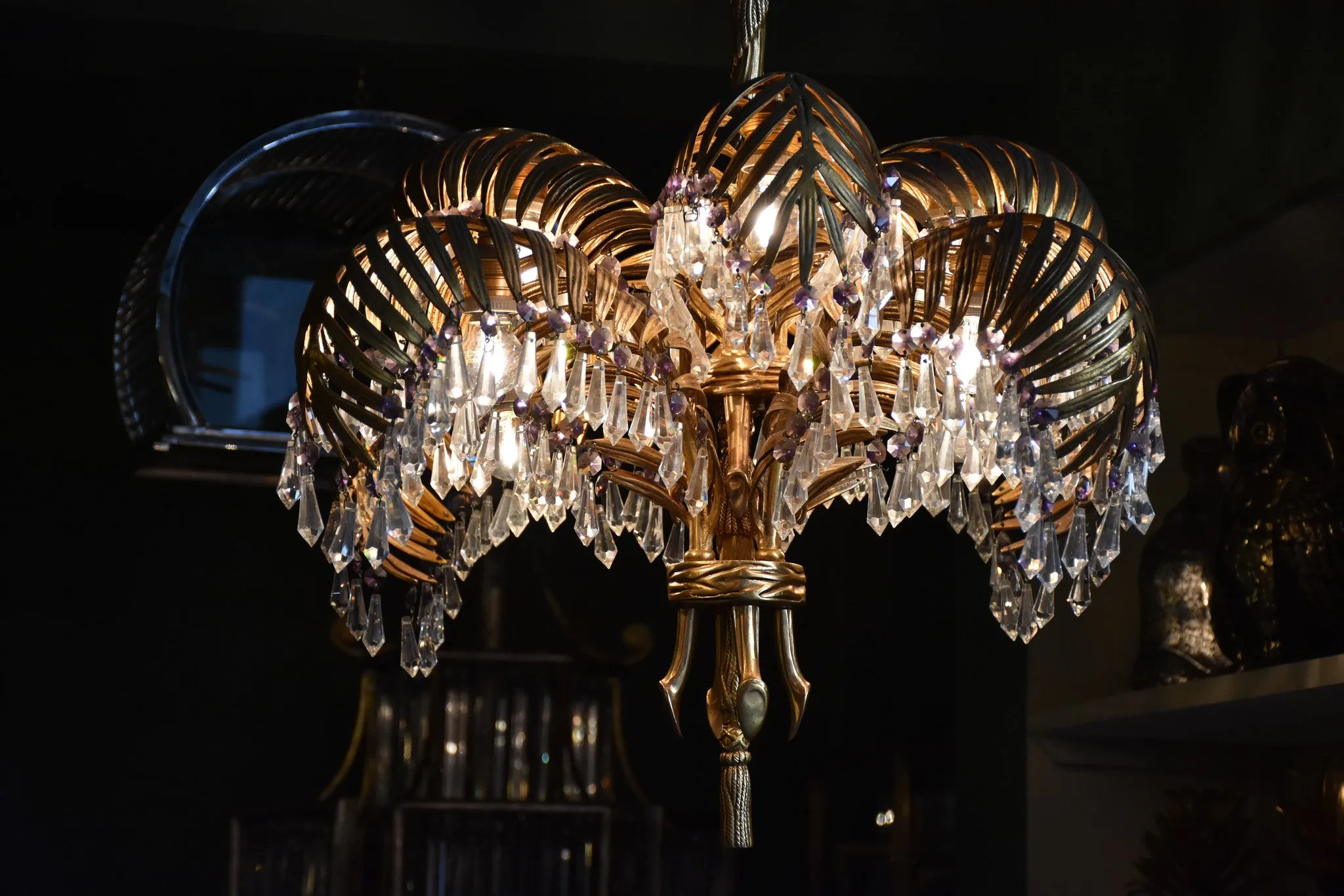 Mid-century gilded bronze palm frond chandelier