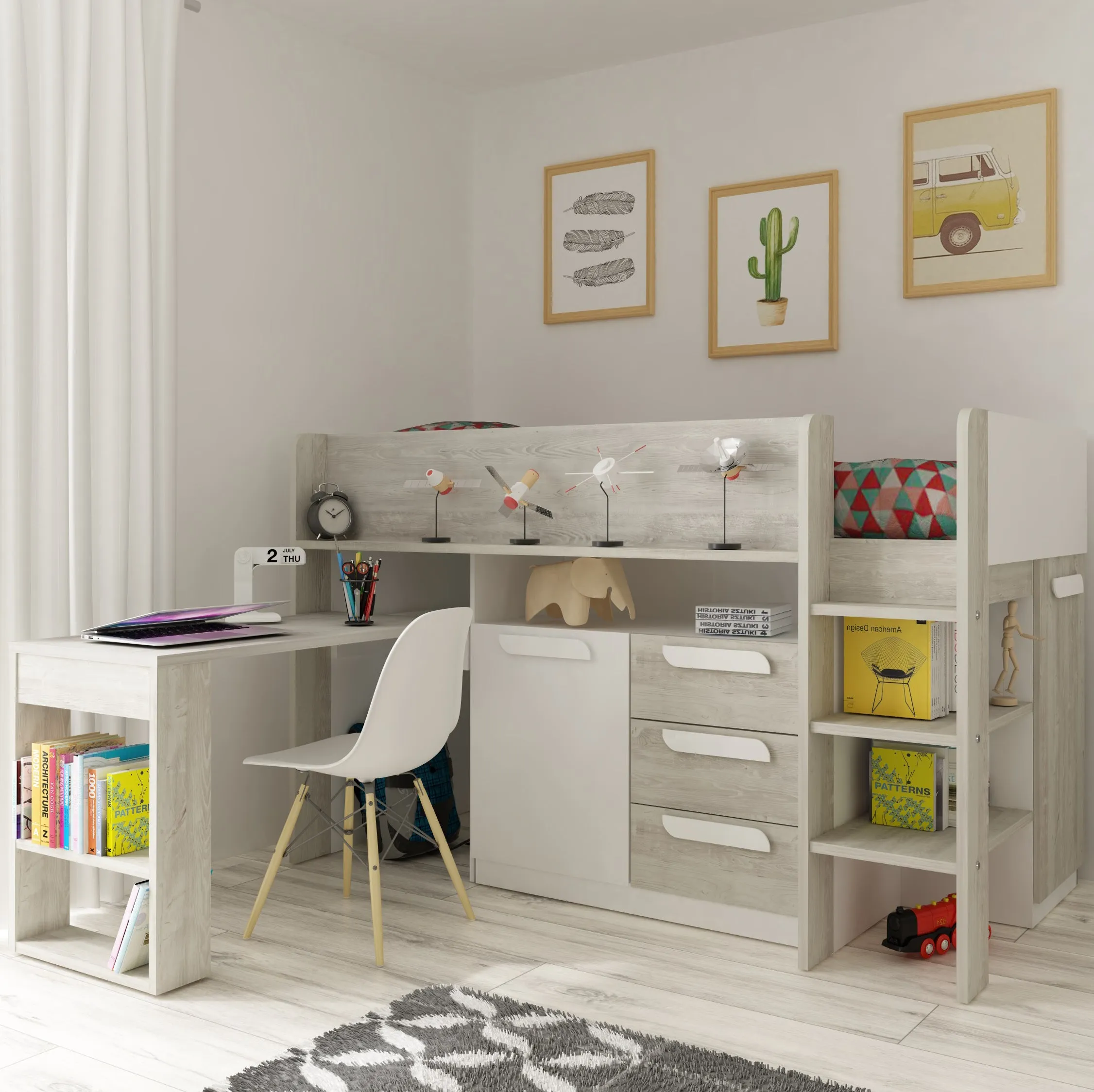 Midsleeper Bed with Desk & Storage, Trasman White Girona