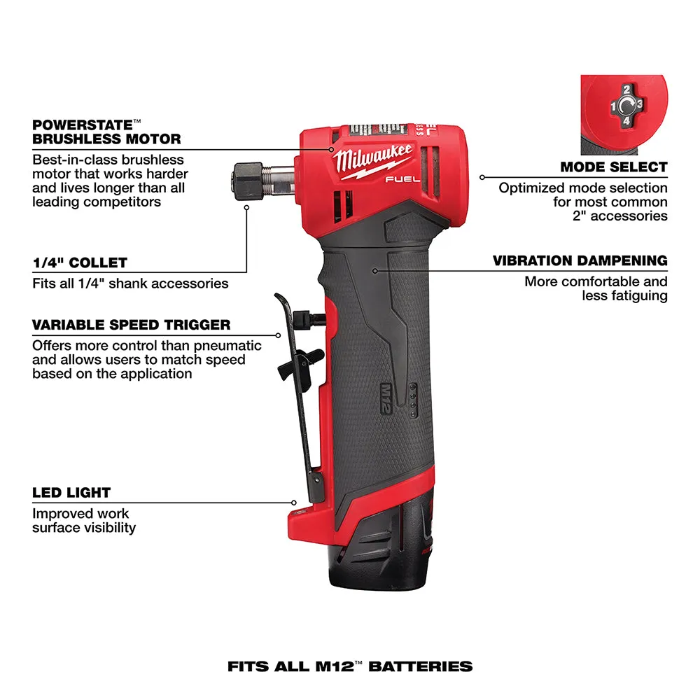 Milwaukee 2485-22 M12 FUEL Right Angle Die Grinder 2 Battery Kit