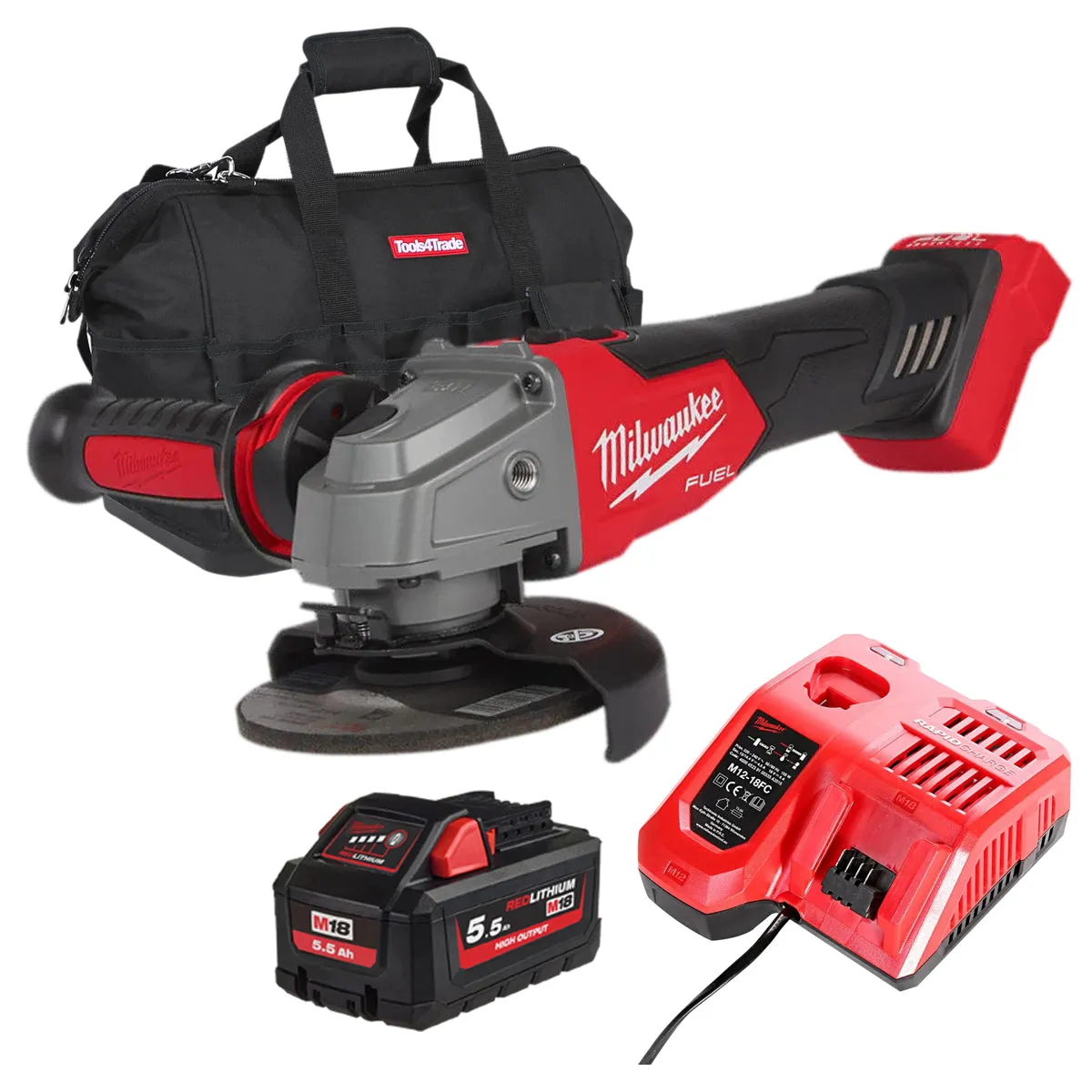 Milwaukee M18FSAG115X-0 18V 115mm Fuel Brushless Angle Grinder with 1 x 5.5Ah Battery Charger & Bag