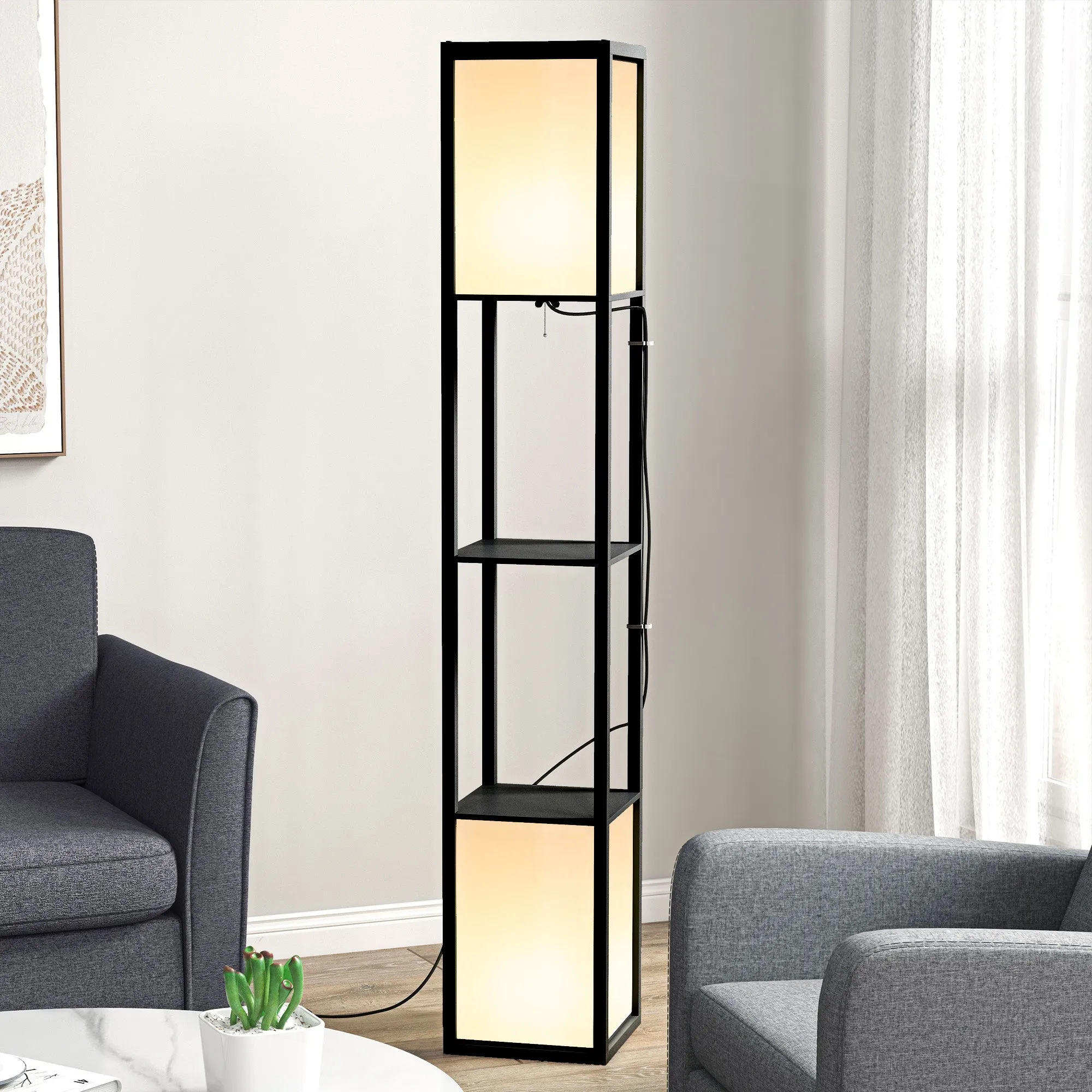 Modern Shelf Floor Lamp with Dual Ambient Light, Standing Lamp Living Room, Bedroom, 156cm, Black