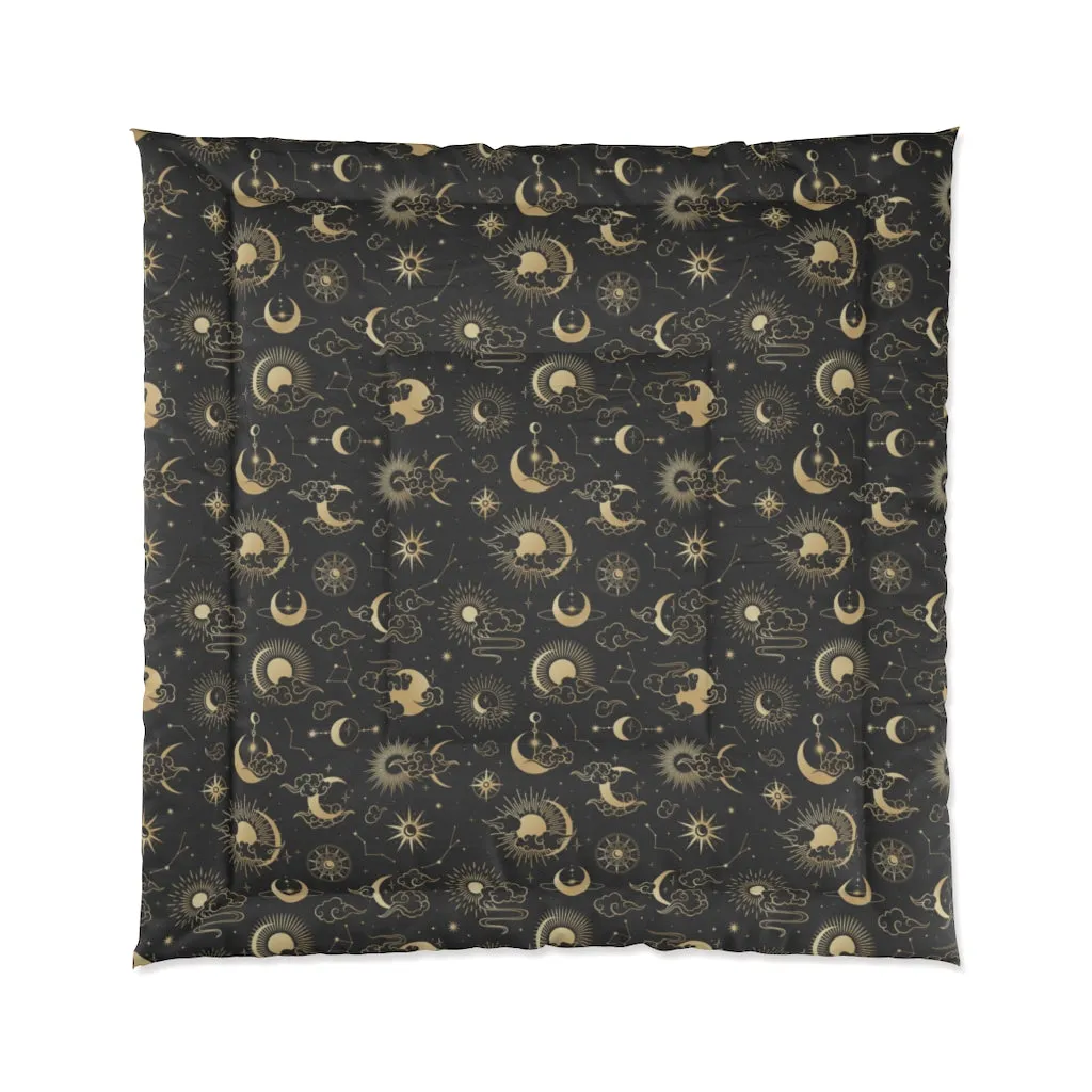 Moon Stars Bed Comforter, Retro Black Celestial King Queen Twin Single Full Size Quilted Blanket Duvet Bedding Decor Bedroom