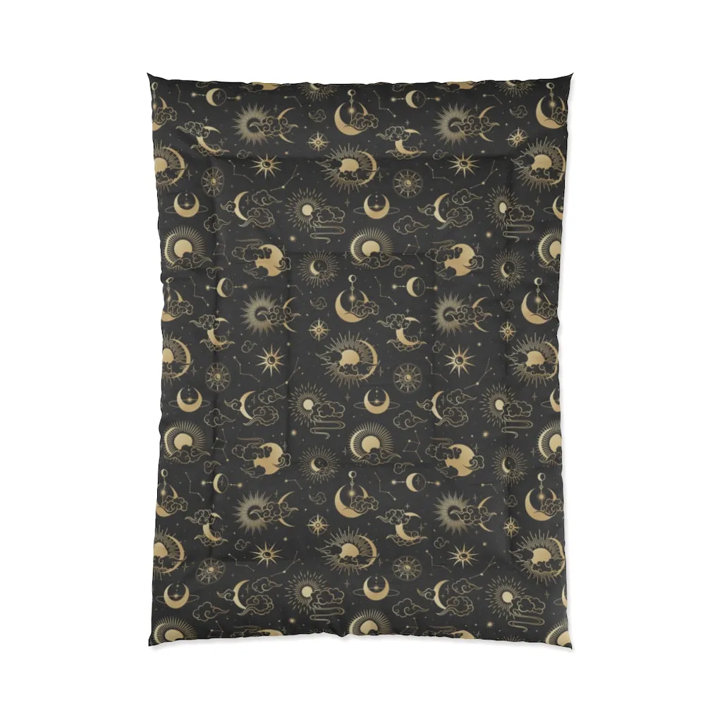 Moon Stars Bed Comforter, Retro Black Celestial King Queen Twin Single Full Size Quilted Blanket Duvet Bedding Decor Bedroom