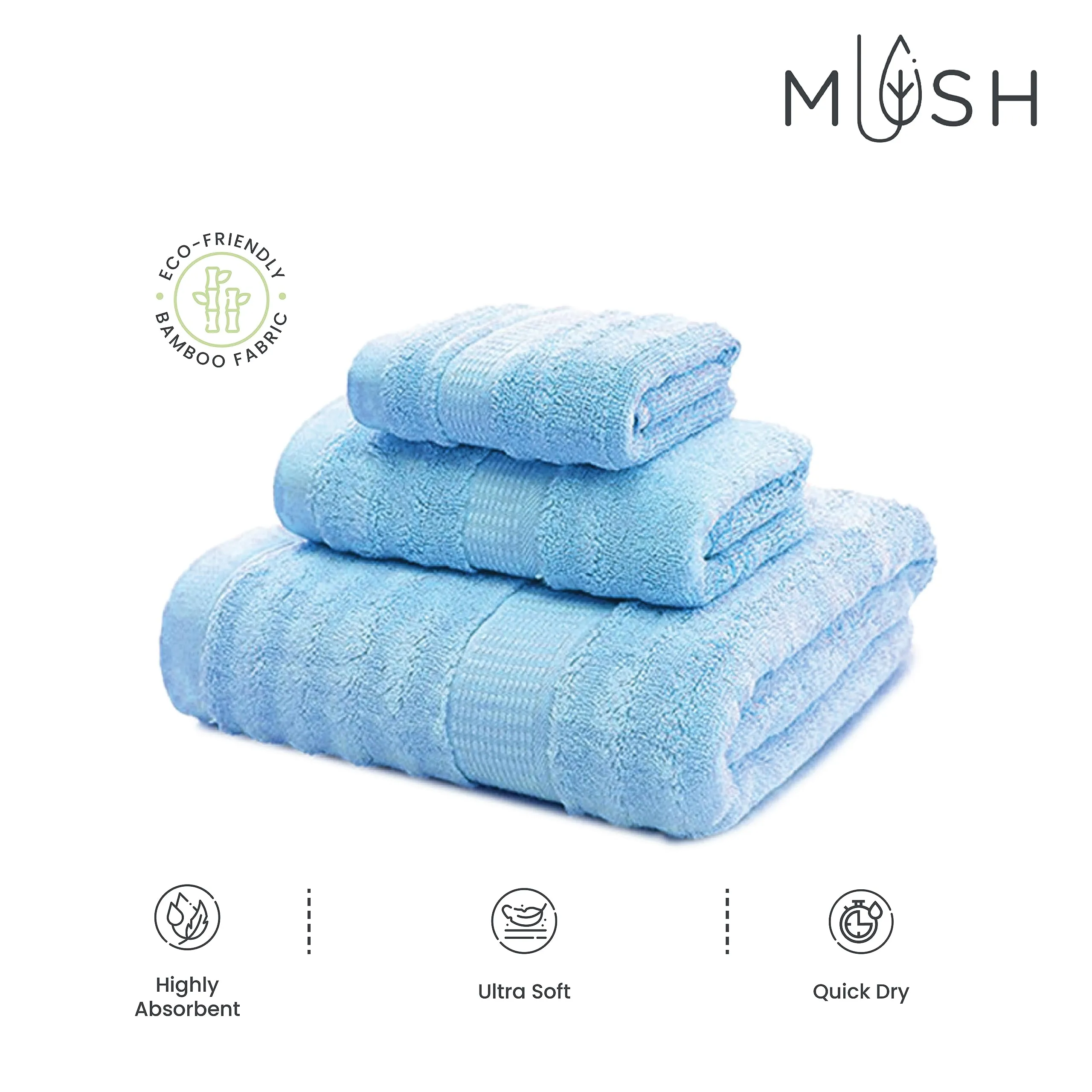 Mush Bamboo Luxurious 3 PieceTowels Set | Ultra Soft, Absorbent and Antimicrobial (Bath Towel, Hand Towel and Face Towel) Perfect as a diwali/house warming (Gift Box : Sky Blue)