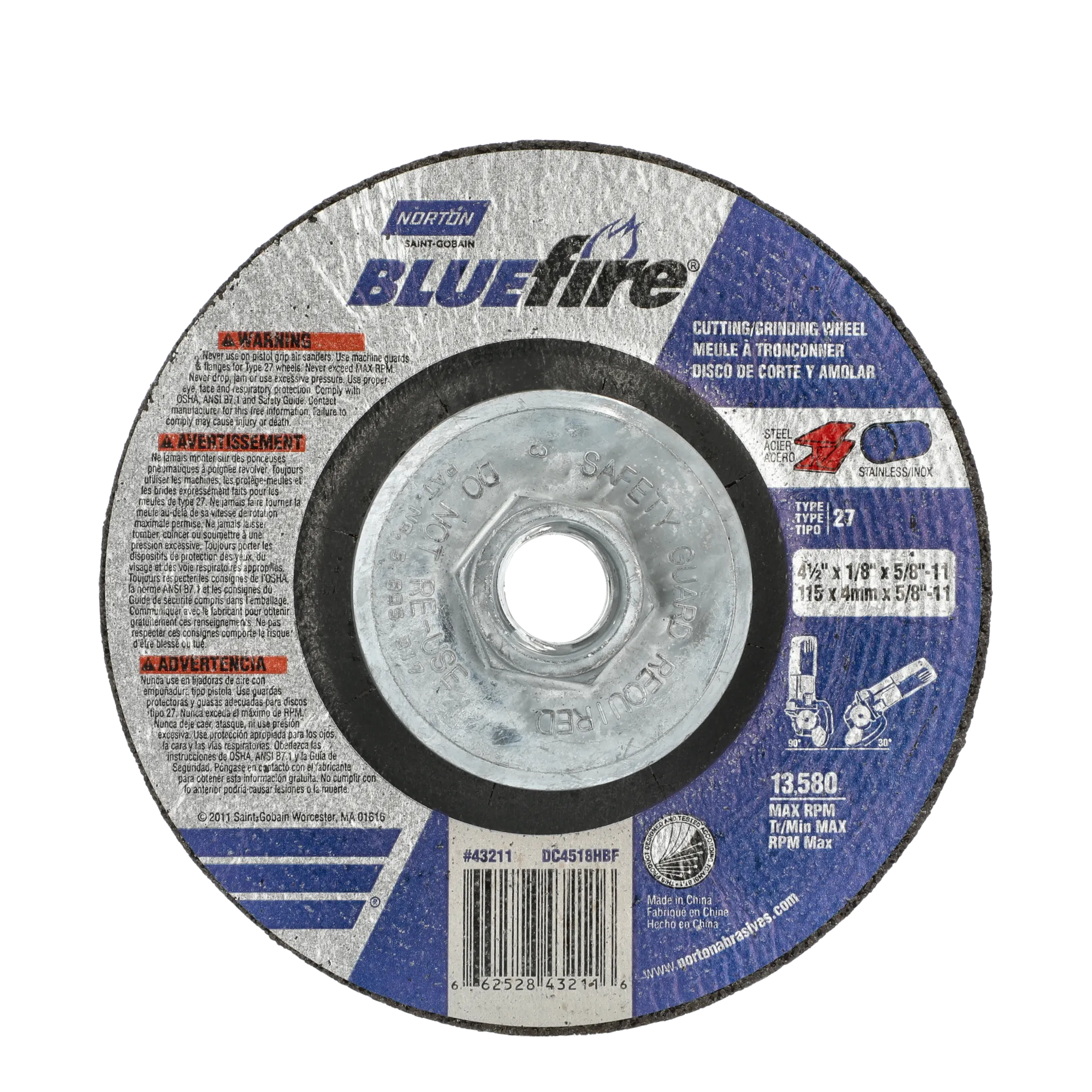 Norton 4-1/2 x 1/8 x 5/8 - 11 In. BlueFire Grinding and Cutting Whl 30 U T27 10 Count