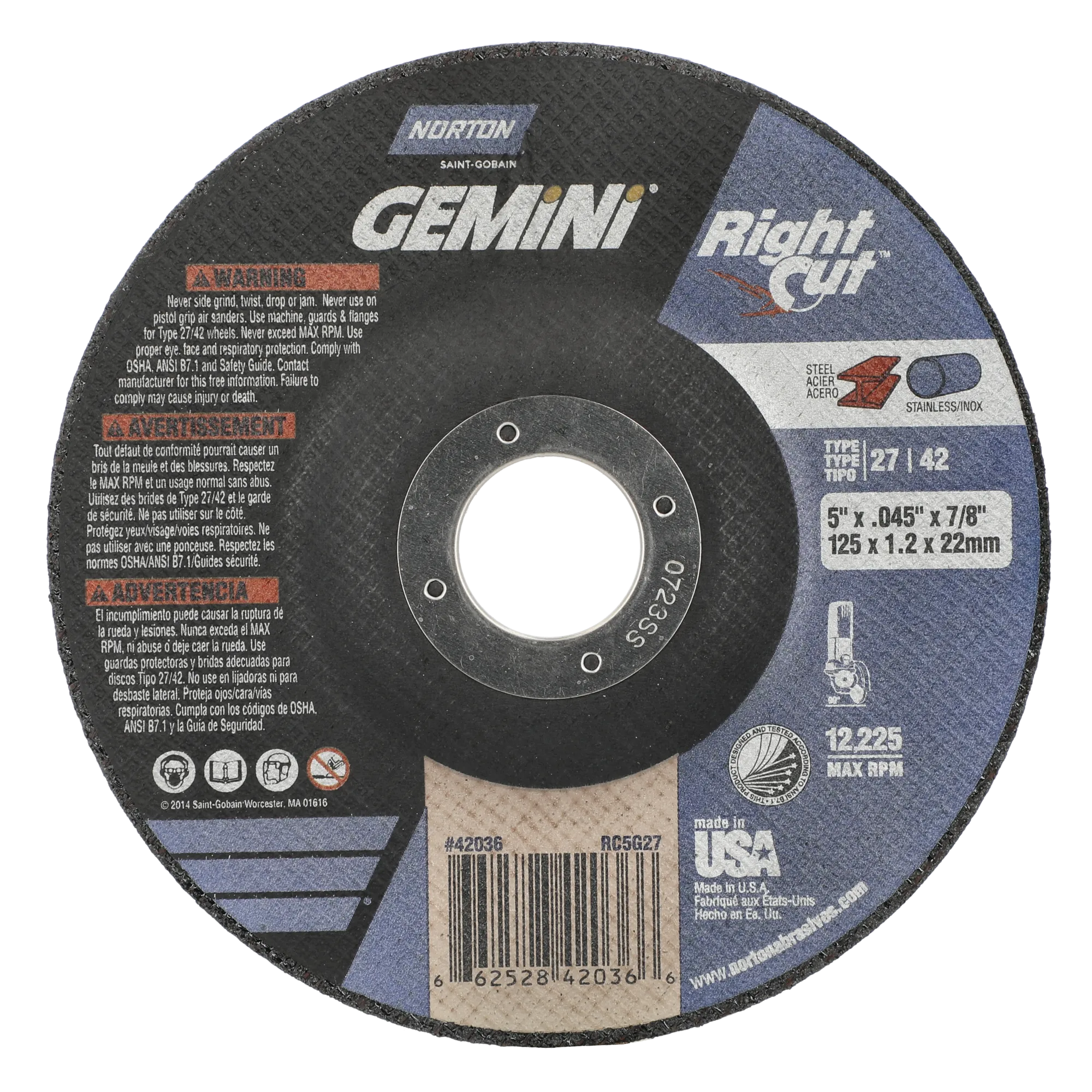 Norton 5 x .045 x 7/8 In. Gemini RightCut Cutting Wheel 24 Q BDA T27/42 25 Count