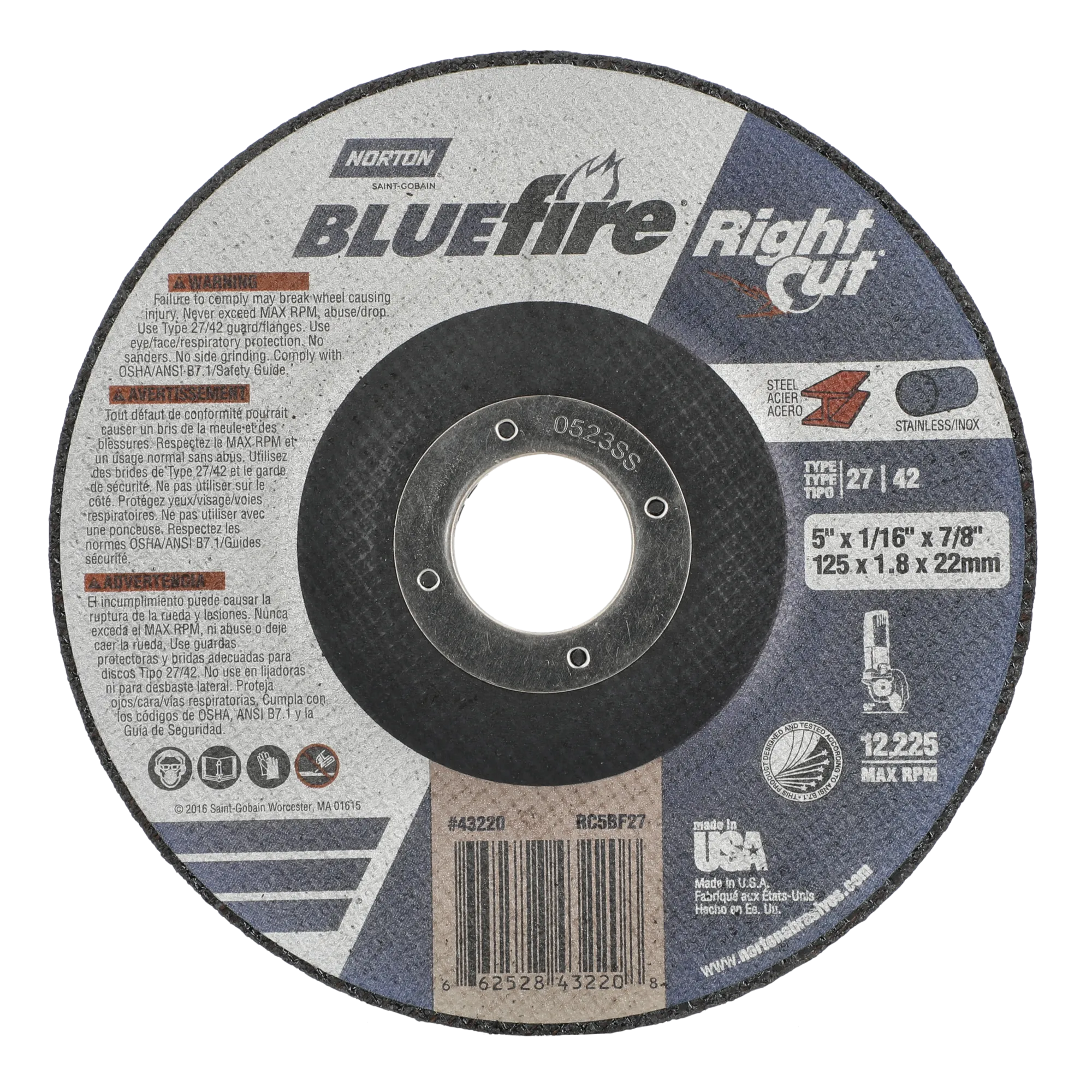 Norton 5 x 1/16 x 7/8 In. BlueFire RightCut Cutting Wheel 36 Q T27/42 25 Count