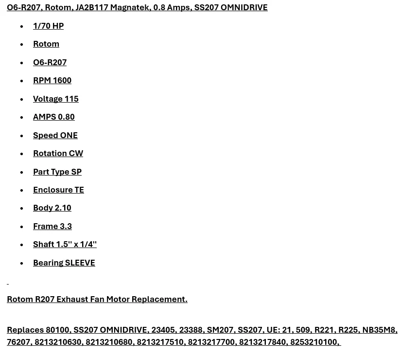 O6-R207, Rotom, 1/70 Hp, 115V, 1600 Rpm, JA2B117, 0.8A, SS207, OMNIDRIVE