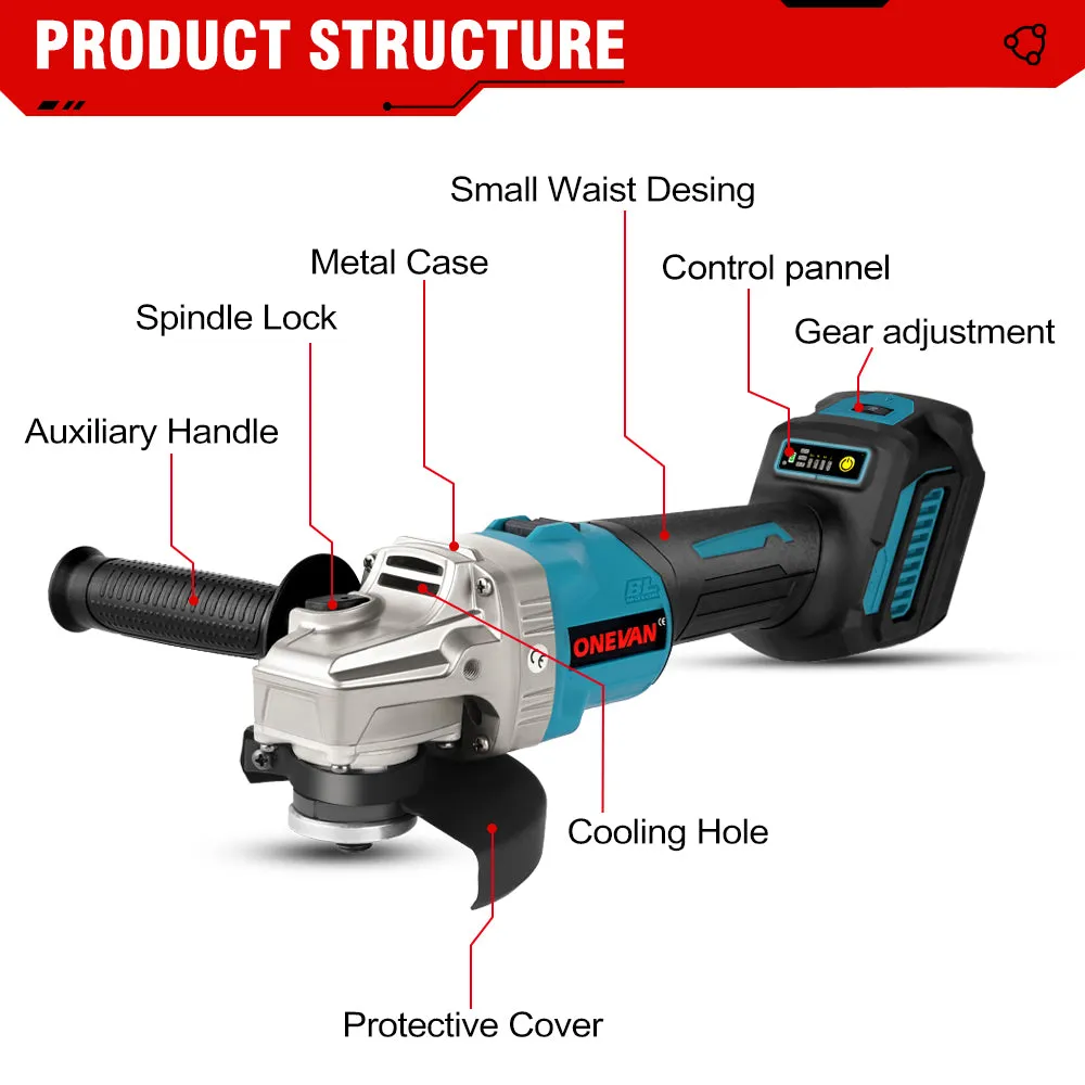 ONEVAN 1/2" Impact Wrench & 13mm Electric Drill & 125mm Angle Grinder Brushless Cordless 3‑Pc. Combo Kit 6.0Ah